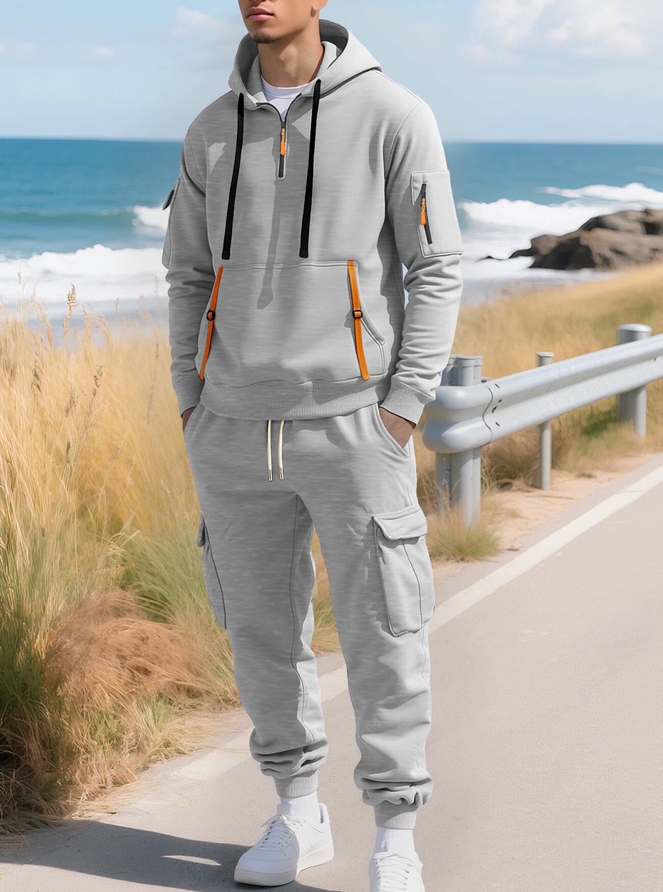 KZZ Men's Fall & Winter Hooded Casual Tracksuit Set: featuring a zip-front hooded design, cargo pants with multiple pockets