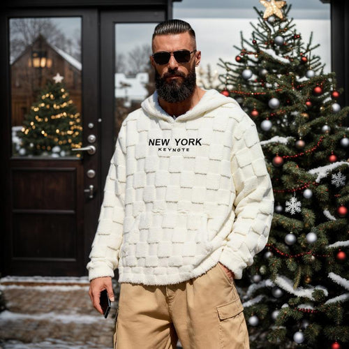 NewYork Hoodie Men's Letter Embroidery Pocket Textured Flannel Hoodie