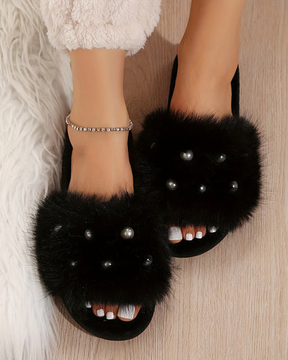 Cozy Pearl Long Plush Fuzzy Flat Slippers