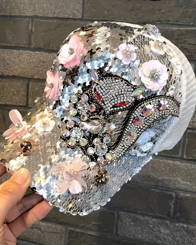 High-Quality Rhinestone & Sequin-Embellished Fox Accent Baseball Cap