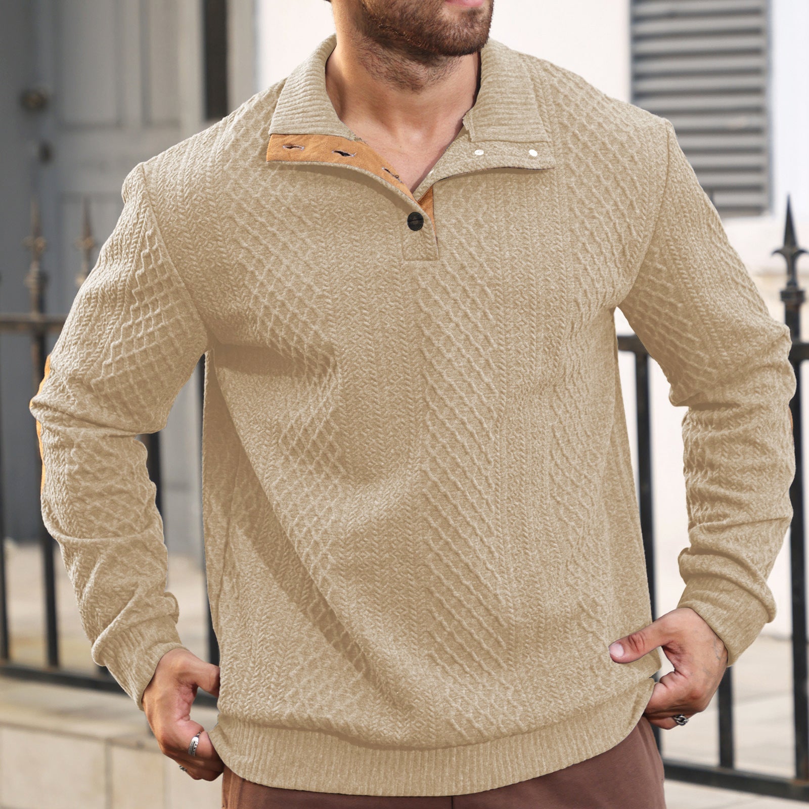 KZZ Men's Colorblock Jacquard Button-Front Sweatshirt