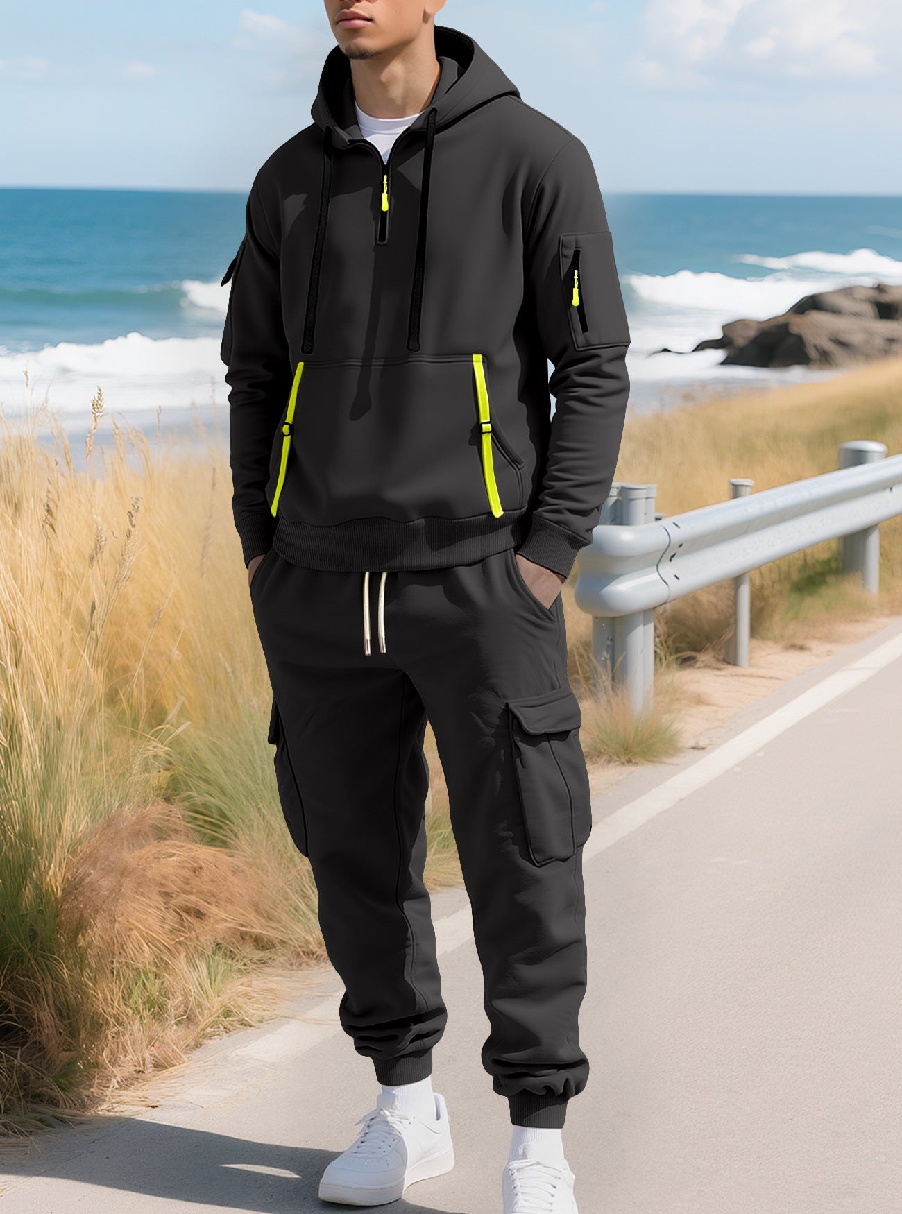 KZZ Men's Fall & Winter Hooded Casual Tracksuit Set: featuring a zip-front hooded design, cargo pants with multiple pockets