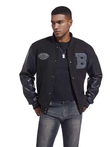 KZZ Men's Letter Patched Pocket Button Front Varsity Jacket