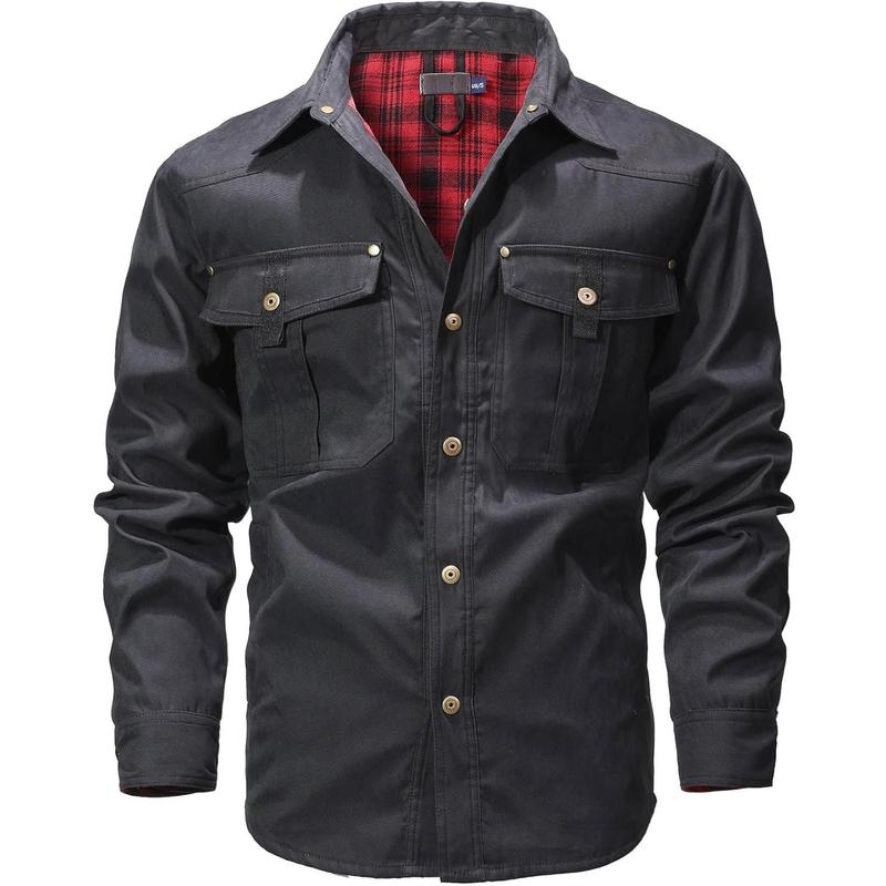 KZZ Men's Flannel Lined Shacket Jacket Plaid Brushed Lining Cowboy Western