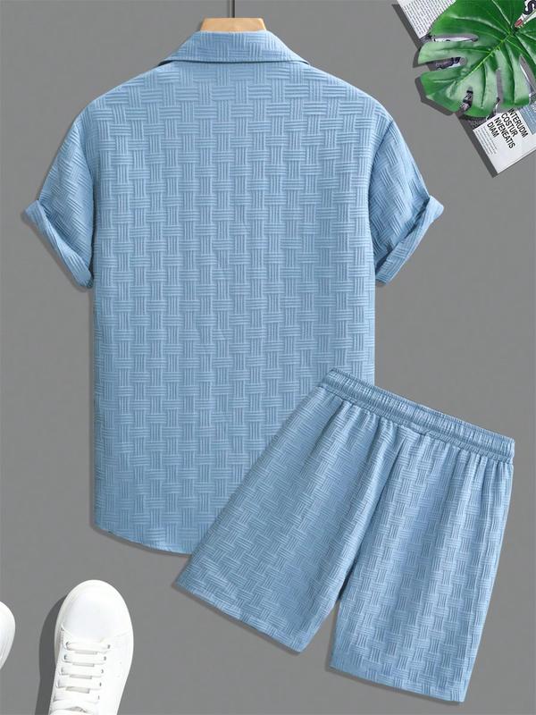 Men's Pure Color Textured Short Sleeve and Shorts Summer Suit