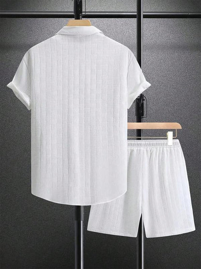 Men's Pure Color Textured Short Sleeve and Shorts Summer Suit