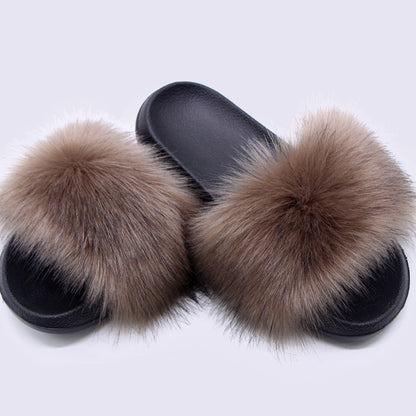 Fox Fur Soft Black Sole Slippers
