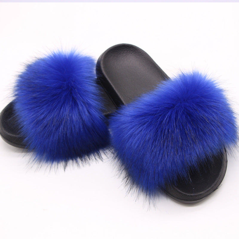 Fox Fur Soft Black Sole Slippers