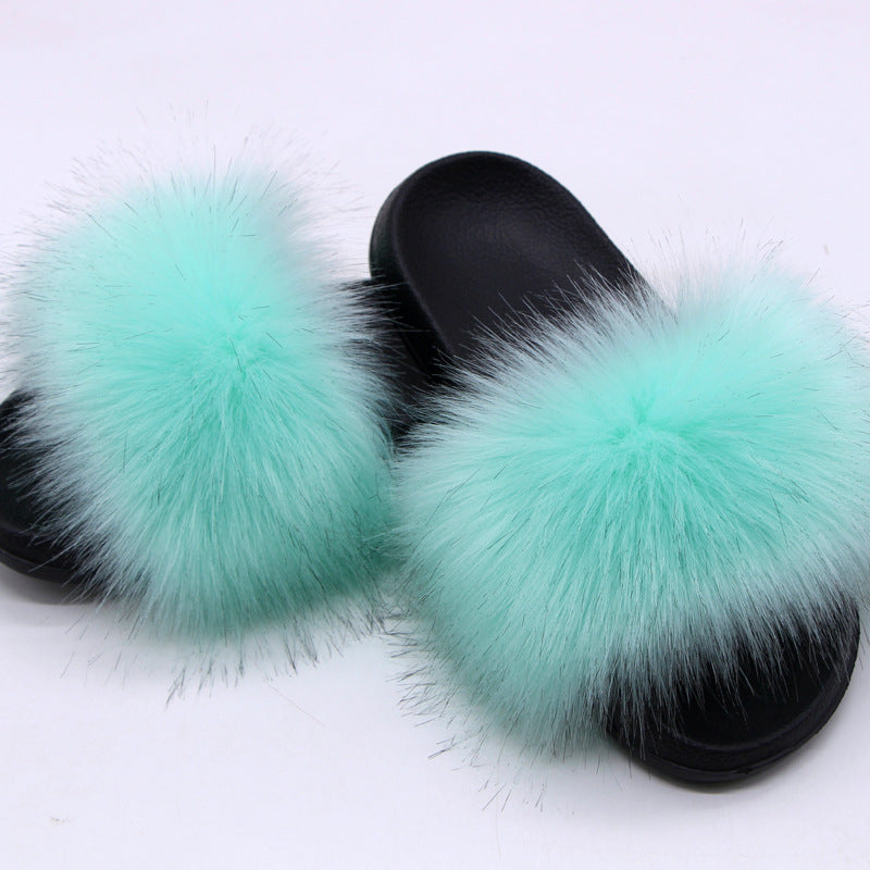 Fox Fur Soft Black Sole Slippers