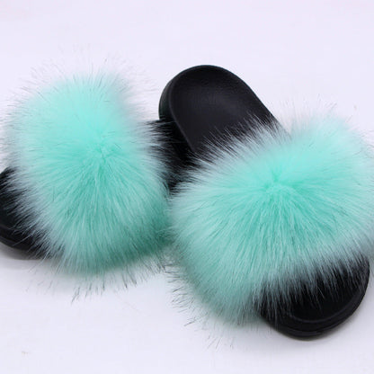 Fox Fur Soft Black Sole Slippers