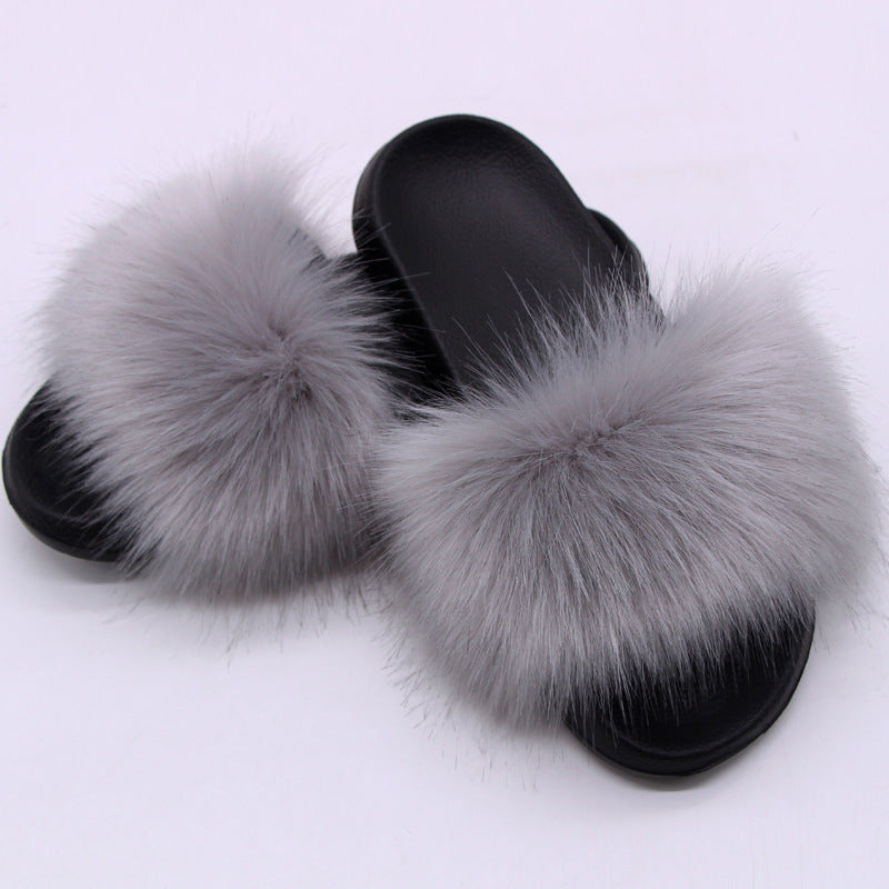 Fox Fur Soft Black Sole Slippers