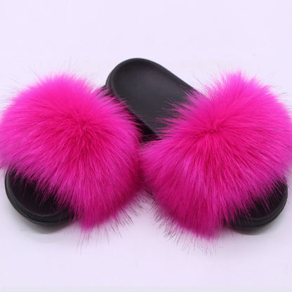 Fox Fur Soft Black Sole Slippers