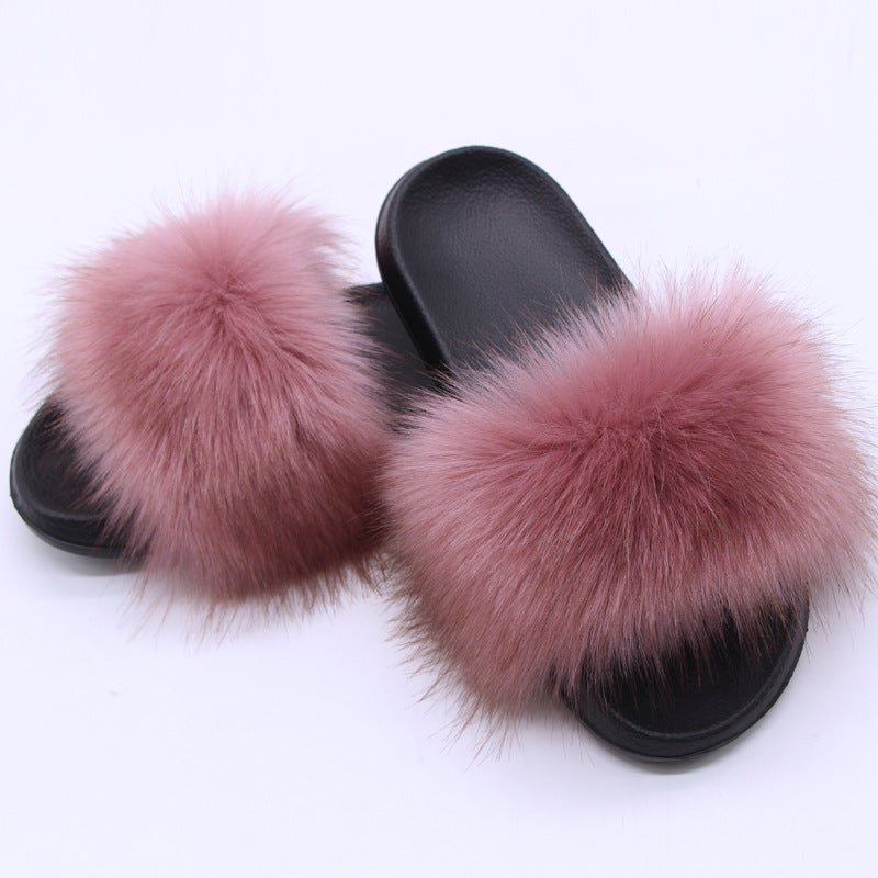 Fox Fur Soft Black Sole Slippers