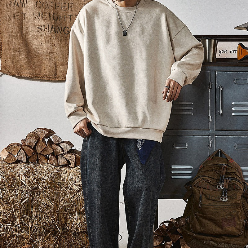 GGT Men's Solid Color Round Neck Drop Shoulder Long Sleeve Sweatshirt