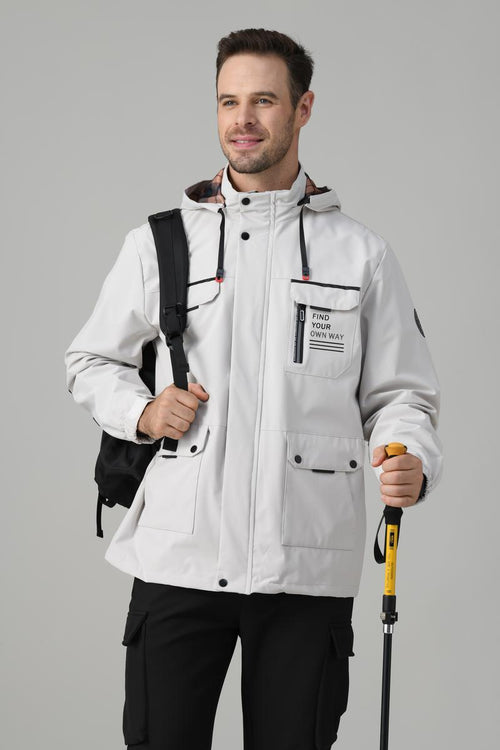 Men's letter-printed button pocket zipper hooded waterproof jacket