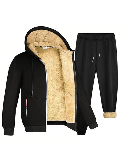 Two-piece Set Men's Solid Zip Up Hooded Jacket & Drawstring Waist Pants Set
