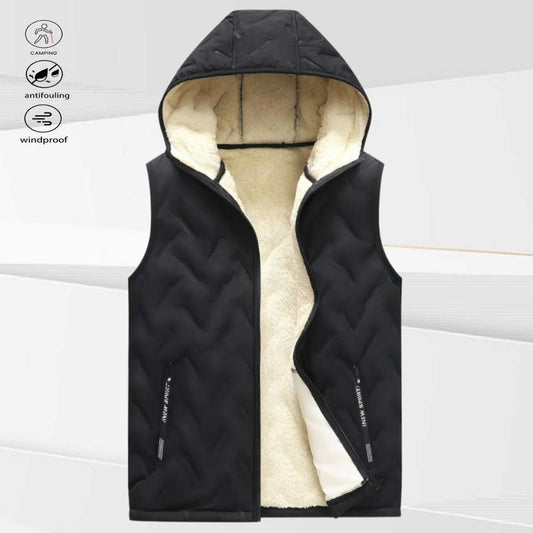 KZZ black hooded fleece vest,  fleece lining for warm practicality, zipper pockets convenient