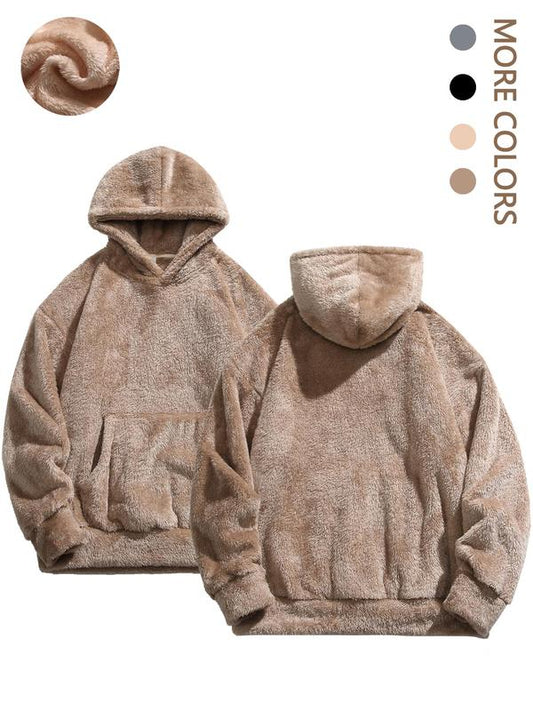 Men's Solid Pocket Long Sleeve Fuzzy Hoodie