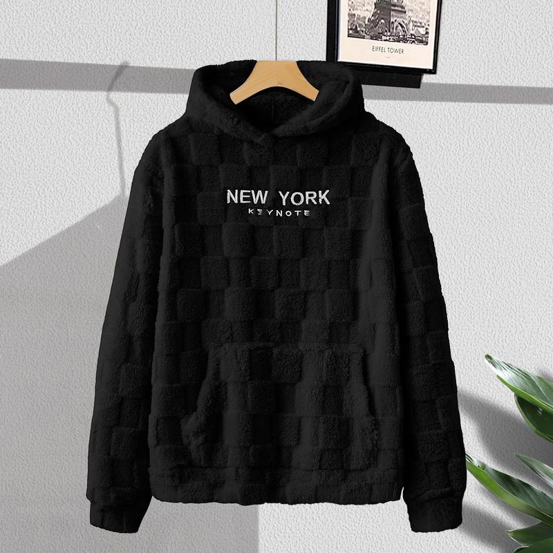 NewYork Hoodie Men's Letter Embroidery Pocket Textured Flannel Hoodie