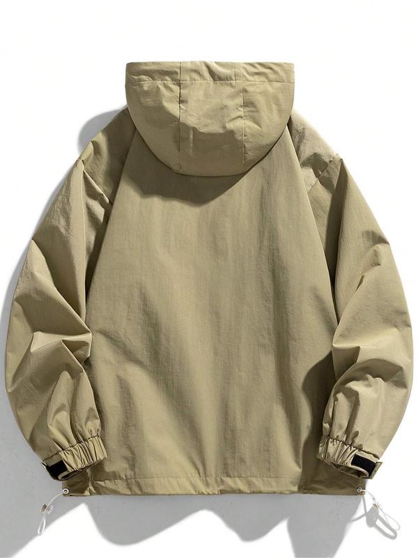 Men's Letter Print Drawstring Pocket Half Zipper Hooded Jacket