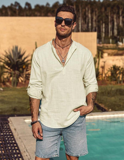 Men's Cotton Linen  Shirt Long Sleeve Hippie Casual Beach T Shirts Menswear