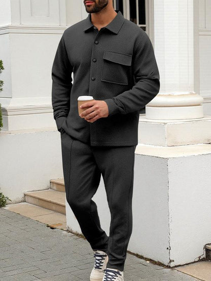 KZZ Men's two-piece casual suit with a stand-up collar long sleeves with a subtle texture