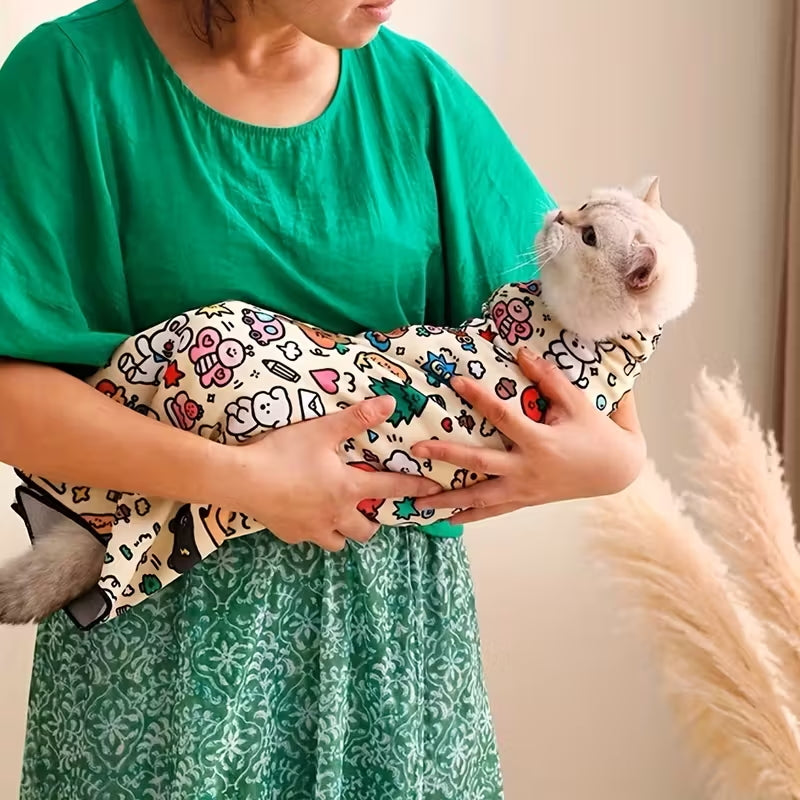 1pc Self-Adhesive Magic Wrap Cat Carrier Blanket - Cartoon Doodle Design with Stars, Clouds & Animals, Scratch-Resistant Escape-Proof Pet Wrap for Feeding, Grooming & Travel, Easy No-Roll Application, Grooming