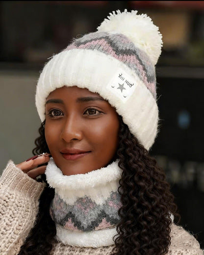 Cute Pom-Pom Fleece-Lined Earflap Neck Gaiter Knit Beanie