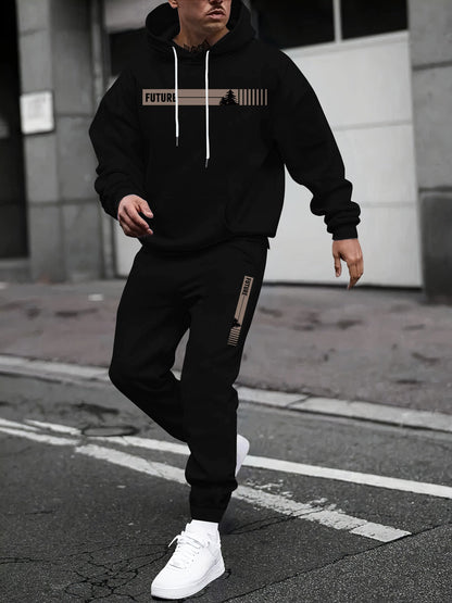 GGT Two-piece Set Men's Tree Graphic Hoodie & Drawstring Waist Sweatpants