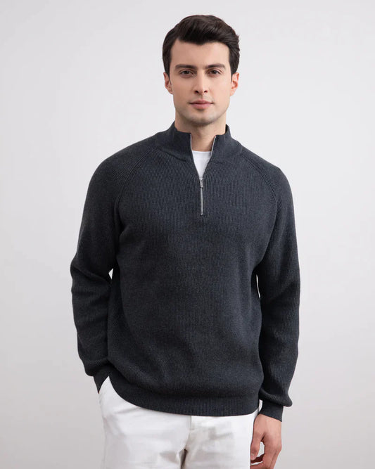 Men's Flannel Ribbed Turtleneck Half-Zip Sweater