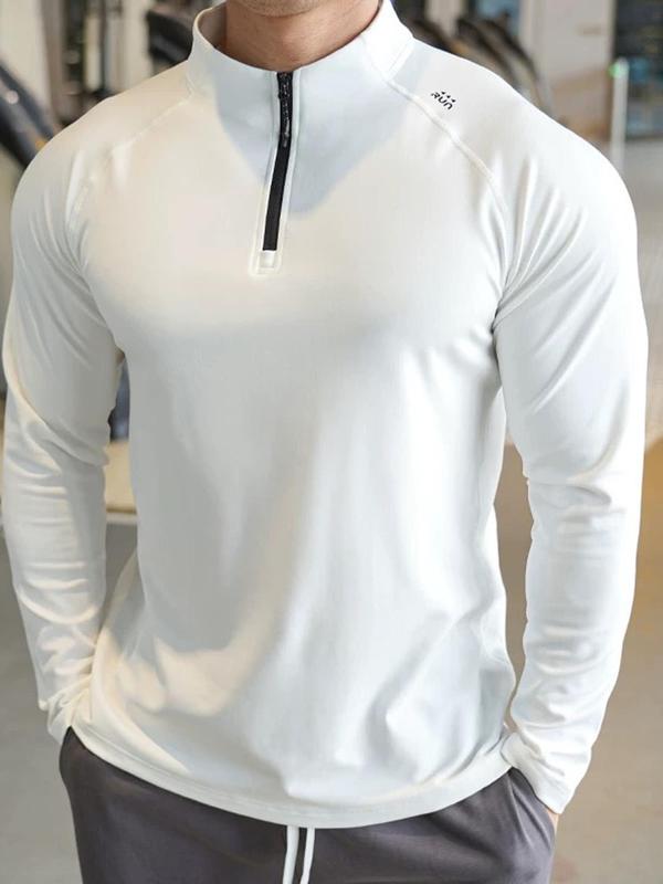 Men's Solid Half Zip Thumb Hole Design Sports Tee