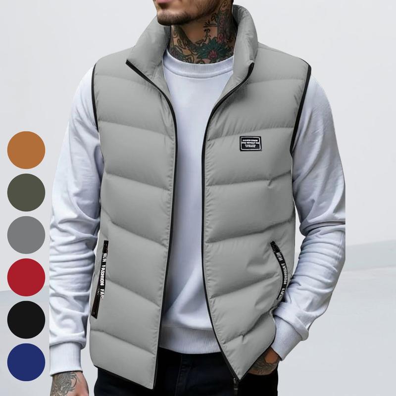 GGT Men's Thickened Warm Sleeveless Vest - Black Full-Zip Stand Collar Ideal