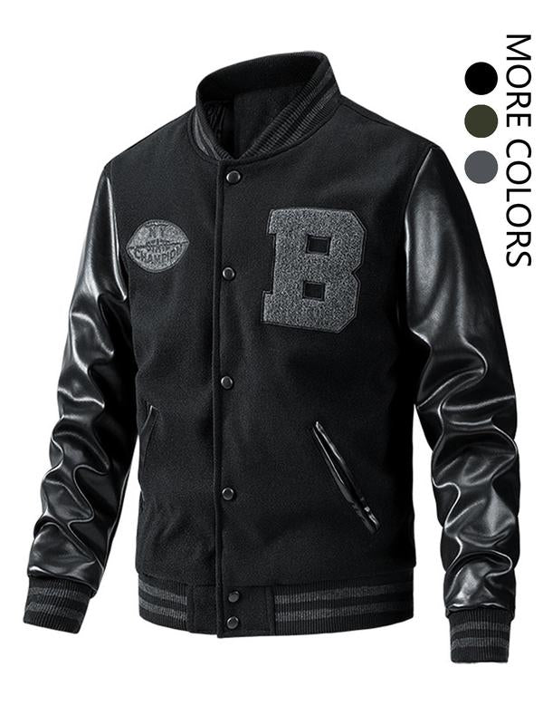 KZZ Men's Letter Patched Pocket Button Front Varsity Jacket