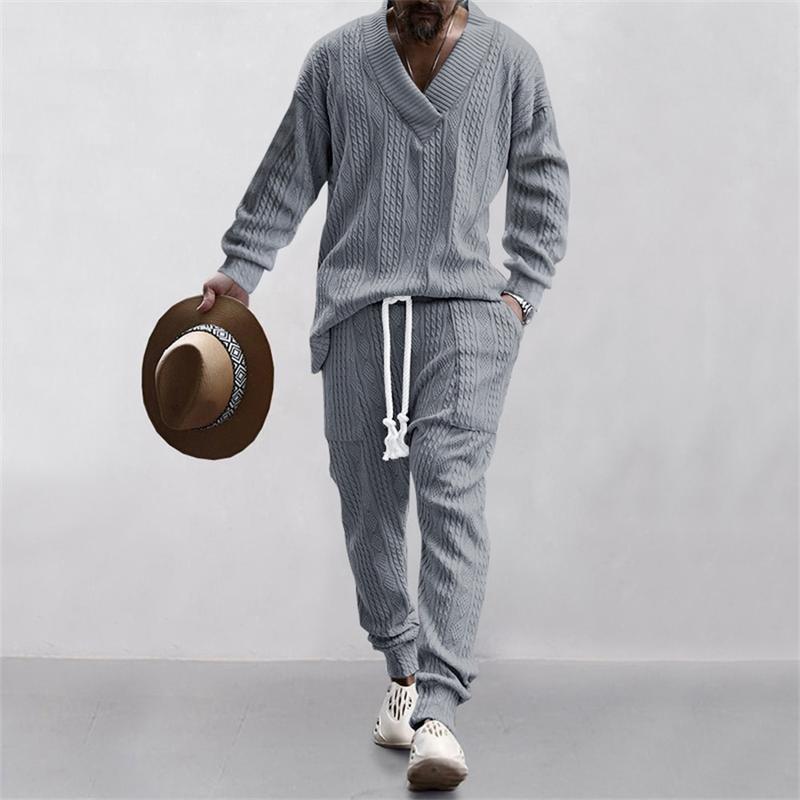 KZZ Two-piece Set Men's Solid Jacquard Drop Shoulder V Neck Top & Drawstring Waist Pants