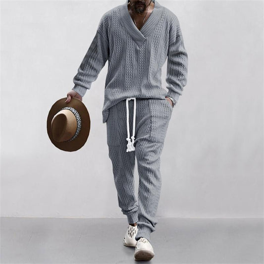 GGT Two-piece Set Men's Solid Jacquard Drop Shoulder V Neck Top & Drawstring Waist Pants