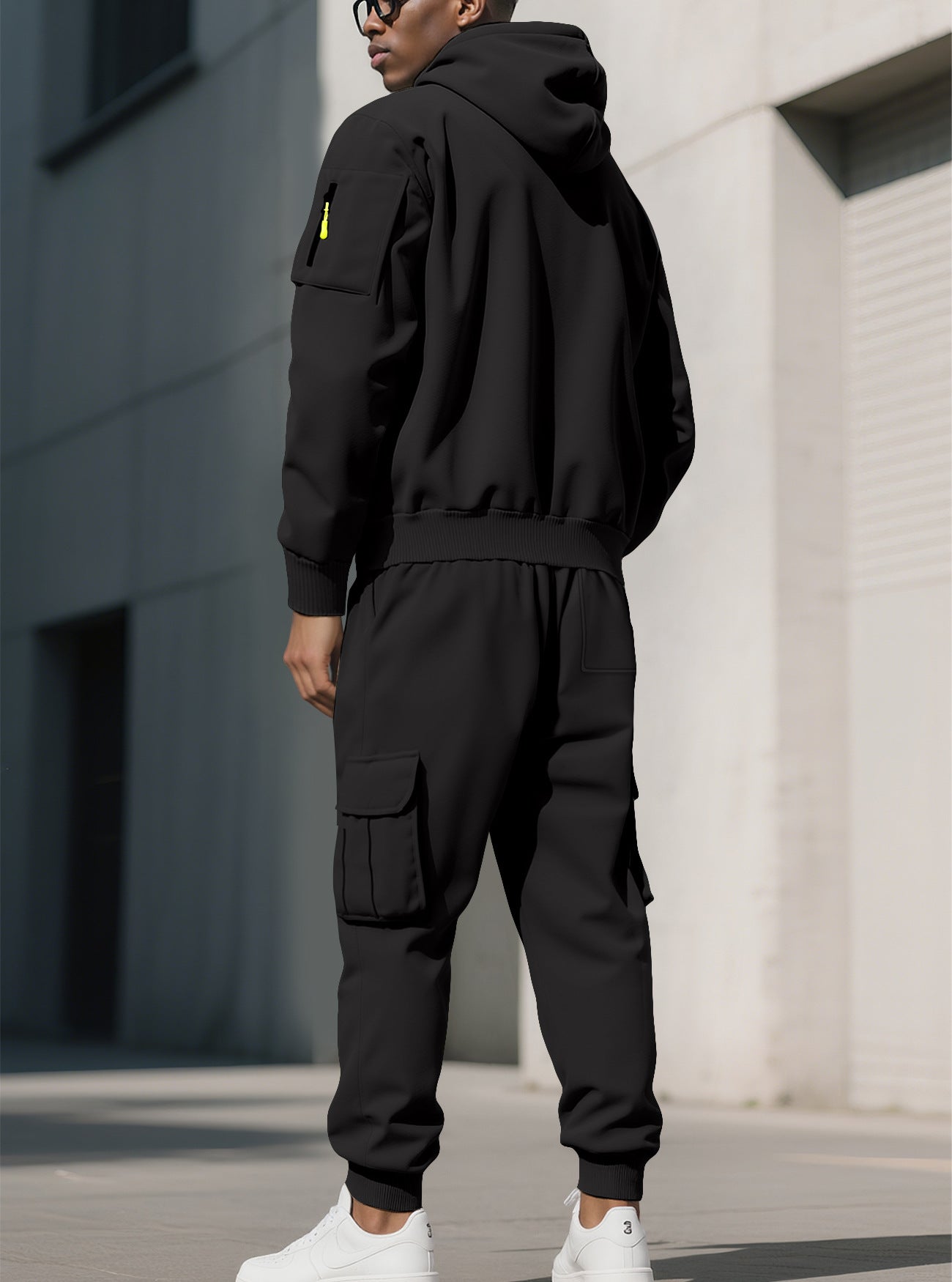 KZZ Men's Fall & Winter Hooded Casual Tracksuit Set: featuring a zip-front hooded design, cargo pants with multiple pockets