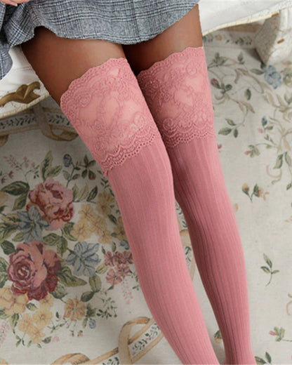 Lace Trim 100% Cotton Warm Thigh-High Stockings