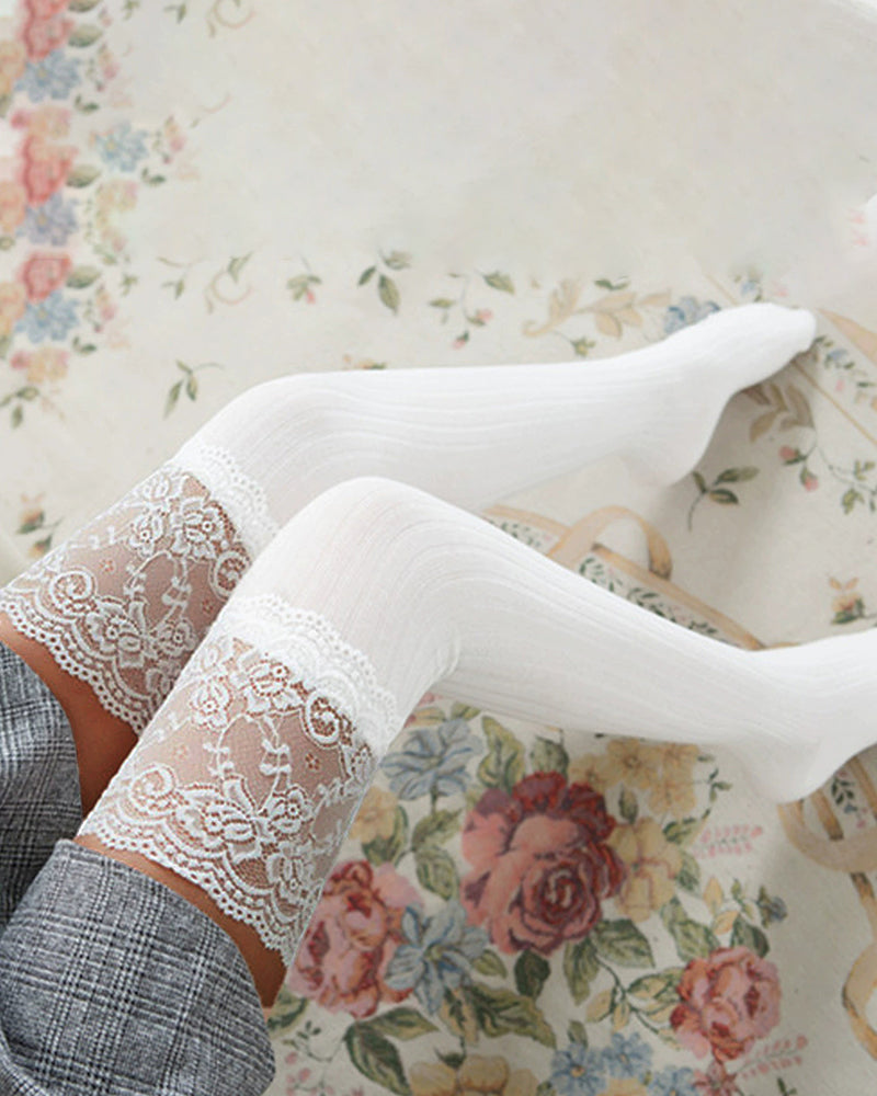 Lace Trim 100% Cotton Warm Thigh-High Stockings