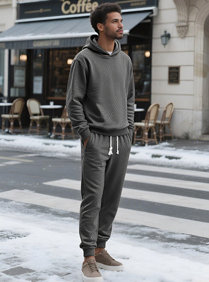 KZZ Two-piece men's solid color hooded sweatshirt and drawstring pants set