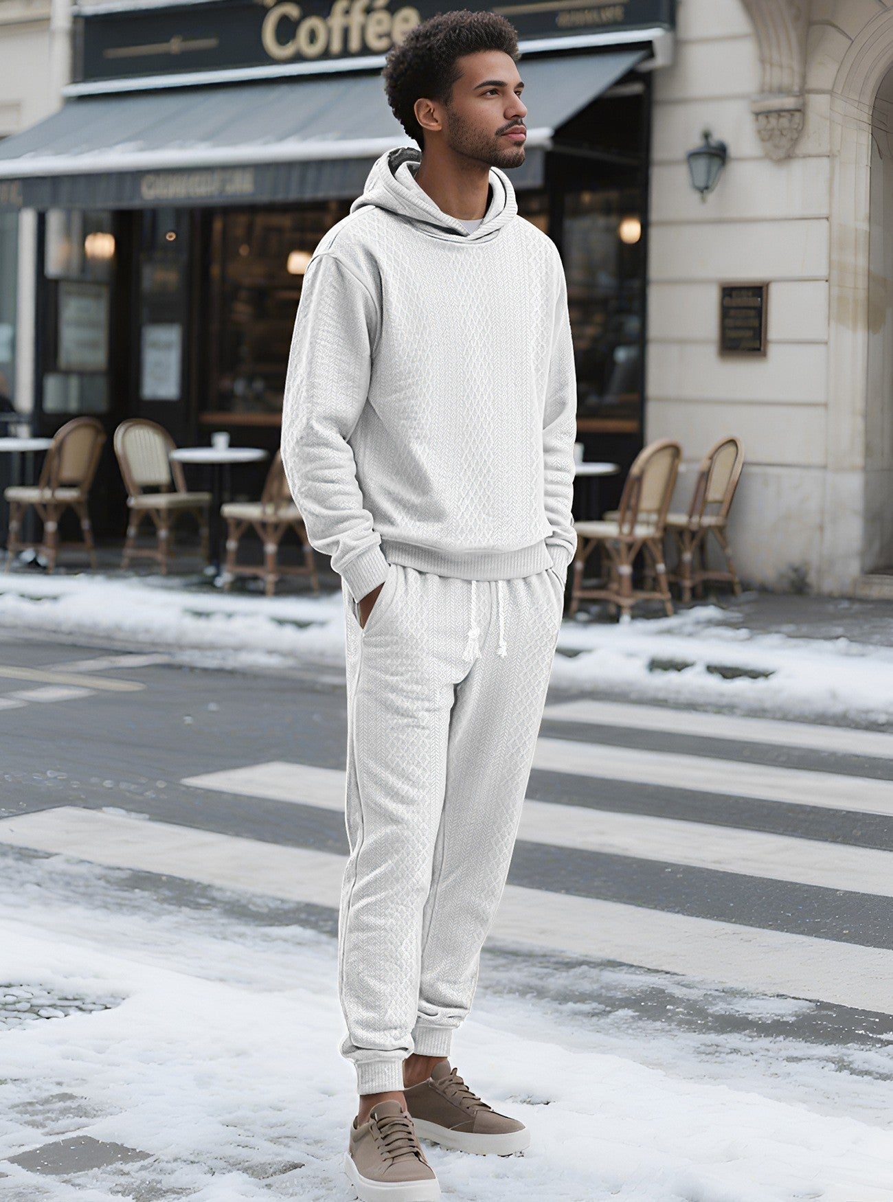 KZZ Two-piece men's solid color hooded sweatshirt and drawstring pants set