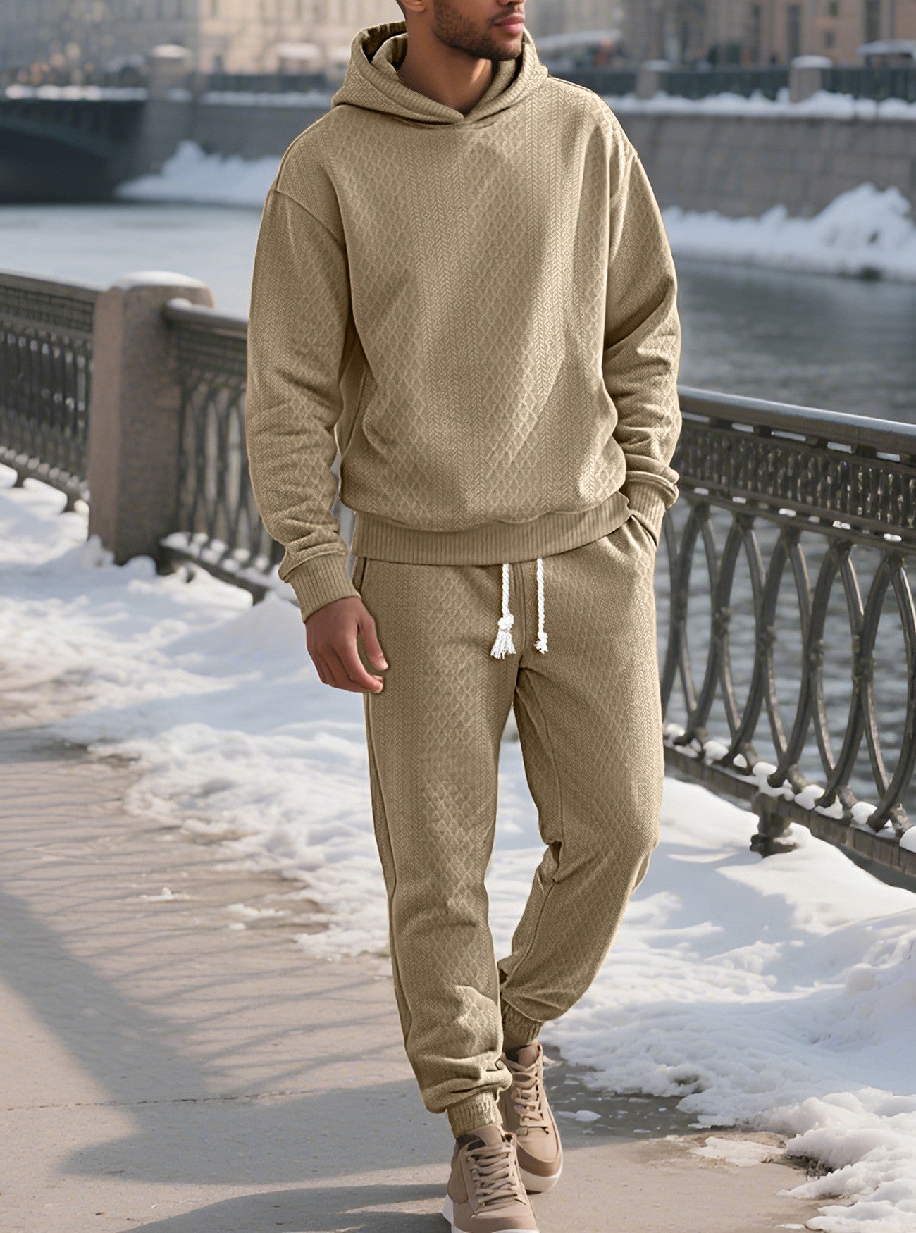 KZZ Two-piece men's solid color hooded sweatshirt and drawstring pants set