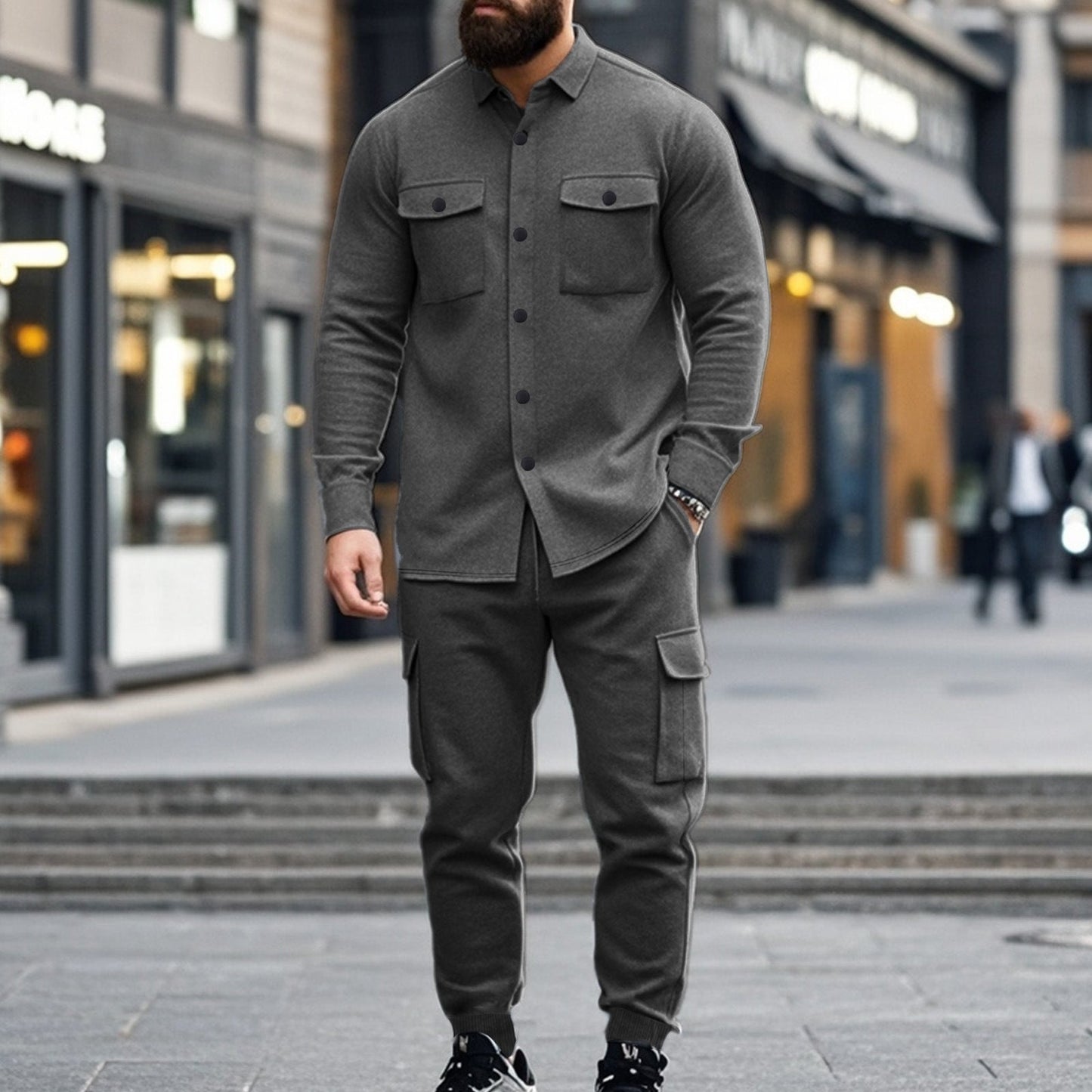 KZZ Men's Fleece Lined Workwear Set Loose Fit Warm Two-Piece