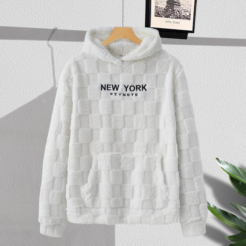 NewYork Hoodie Men's Letter Embroidery Pocket Textured Flannel Hoodie