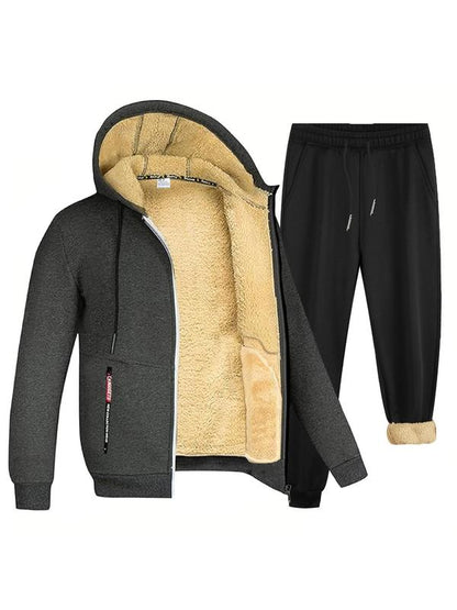 Two-piece Set Men's Solid Zip Up Hooded Jacket & Drawstring Waist Pants Set