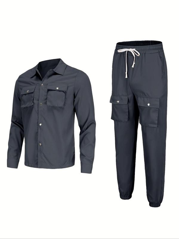 Men's Solid Button Pocket Lapel Neck Jacket & Drawstring Waist Cargo Pant Set