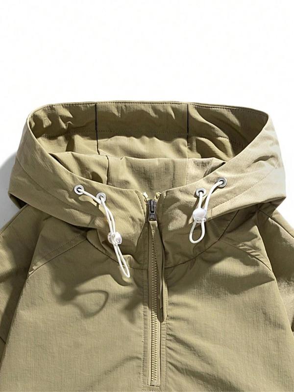 Men's Letter Print Drawstring Pocket Half Zipper Hooded Jacket