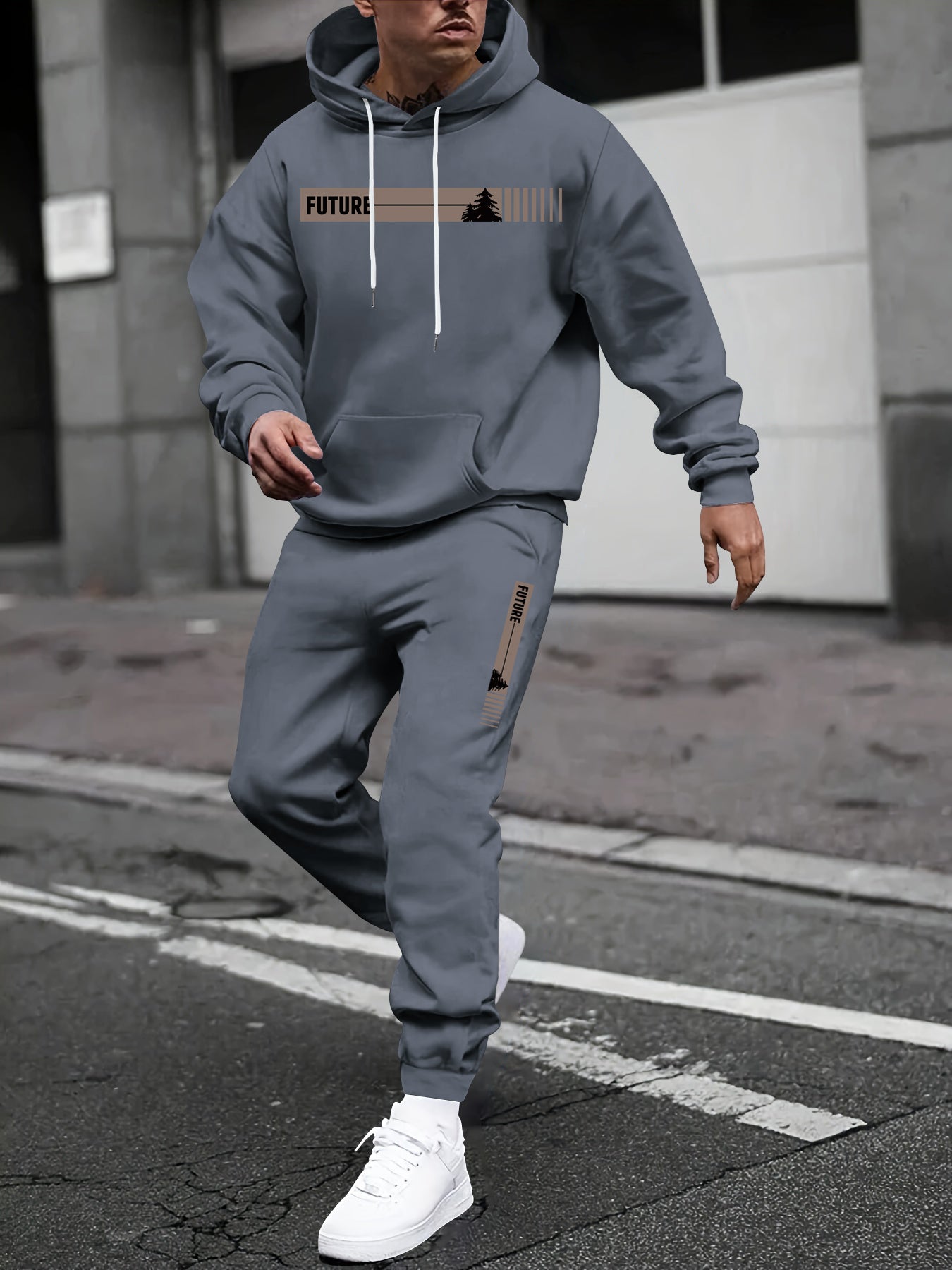 GGT Two-piece Set Men's Tree Graphic Hoodie & Drawstring Waist Sweatpants