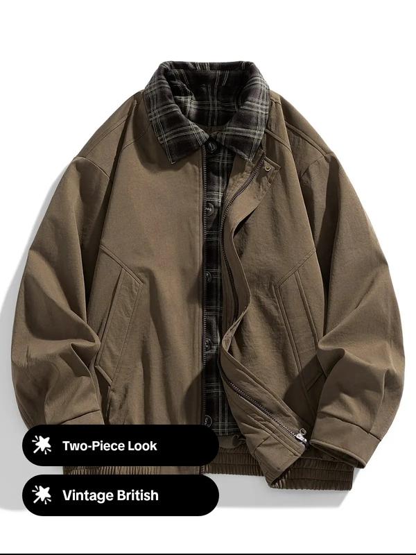 Men's Casual Loose-Fit Woven Jacket Vintage British Style Colorblock Design