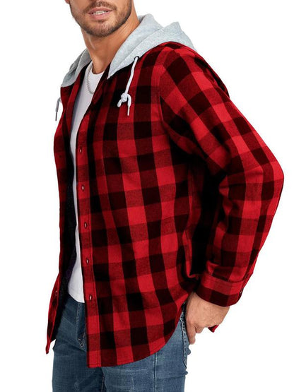 Plaid Patchwork Button Front Hooded Jacket