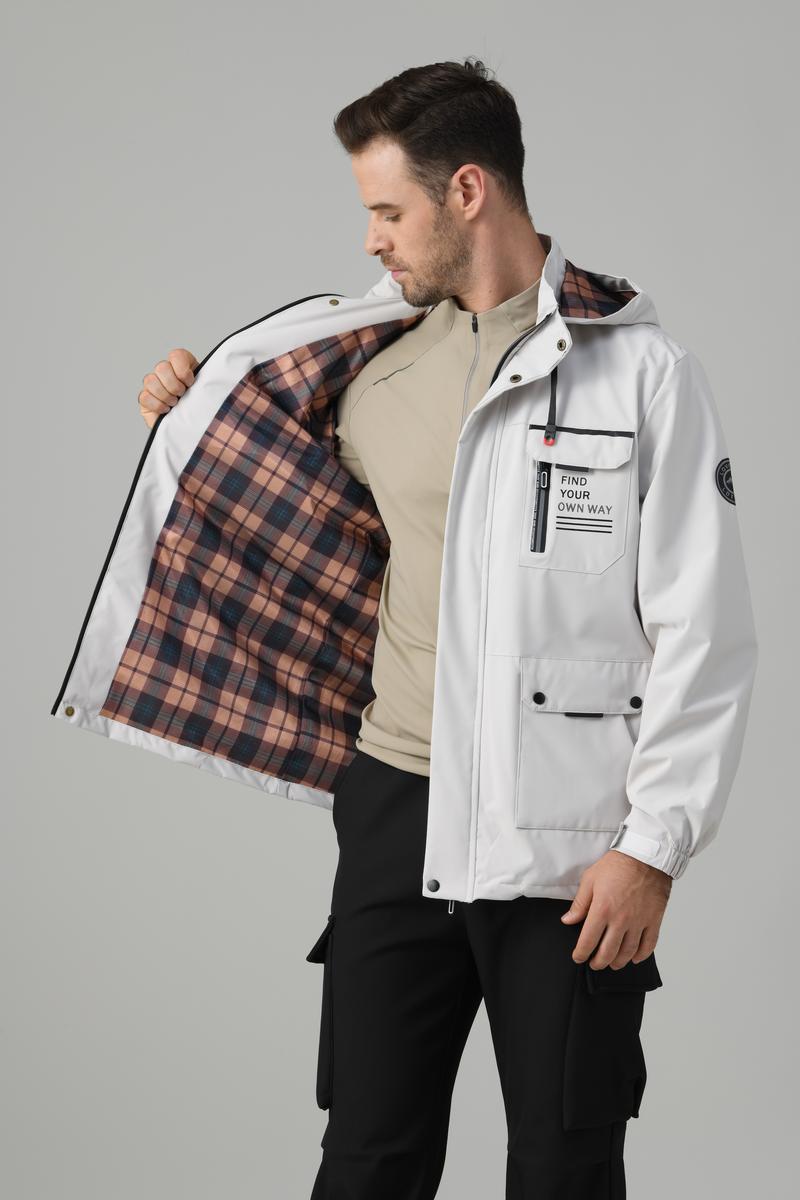 Men's letter-printed button pocket zipper hooded waterproof jacket